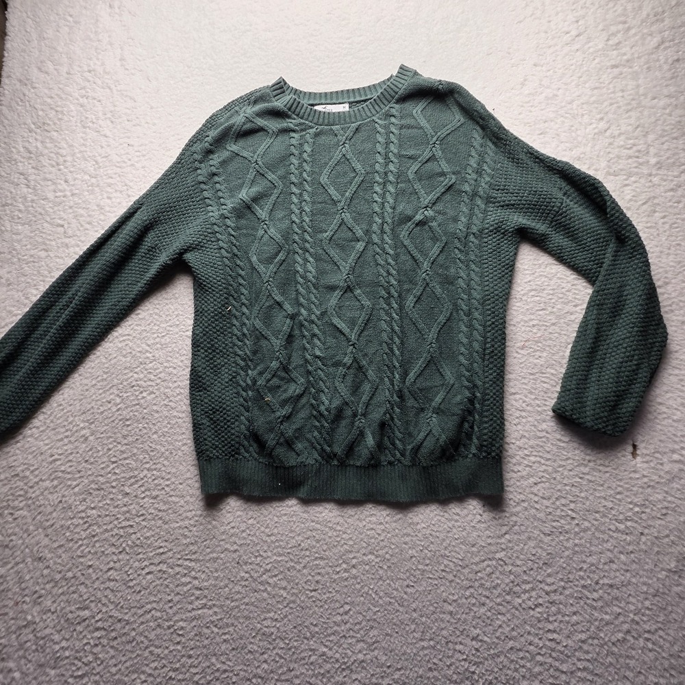 Hollister Sweater Mens Medium Green 100% Cotton Cable Knit Crewneck Pullover
